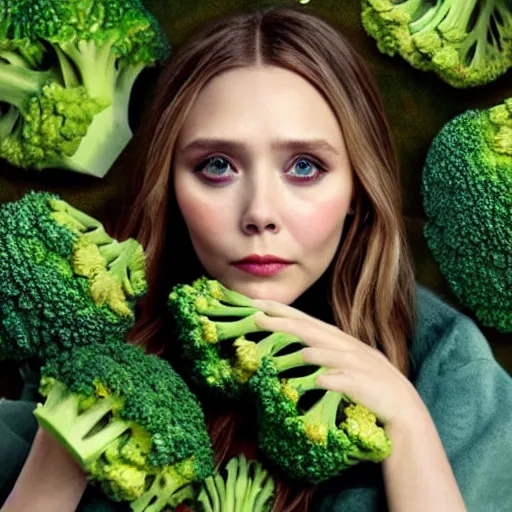 Image similar to elizabeth olsen has [ [ broccoli for a face ] ]!!, trending on cgsociety, 4 k quality, intricate