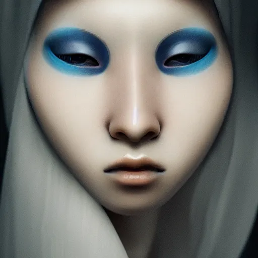 Prompt: an eerie but beautiful and feminine looking android, white mask and blue eyes, japanese geisha style, by Ash Thorp, 8k, octane render, highly detailed, moody, atmospheric