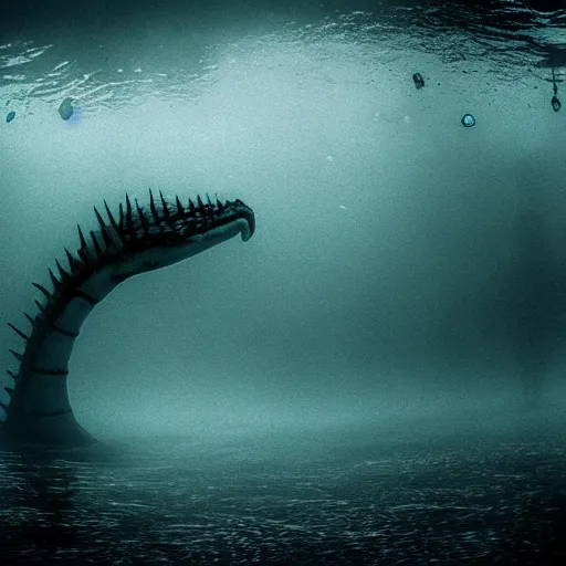 Image similar to sea monster about to eat pov underwater, pale skin, dark yellowish water, foggy water, dark, dramatic,'silent hill ', big eyes, alluring and terrifying, cinematic