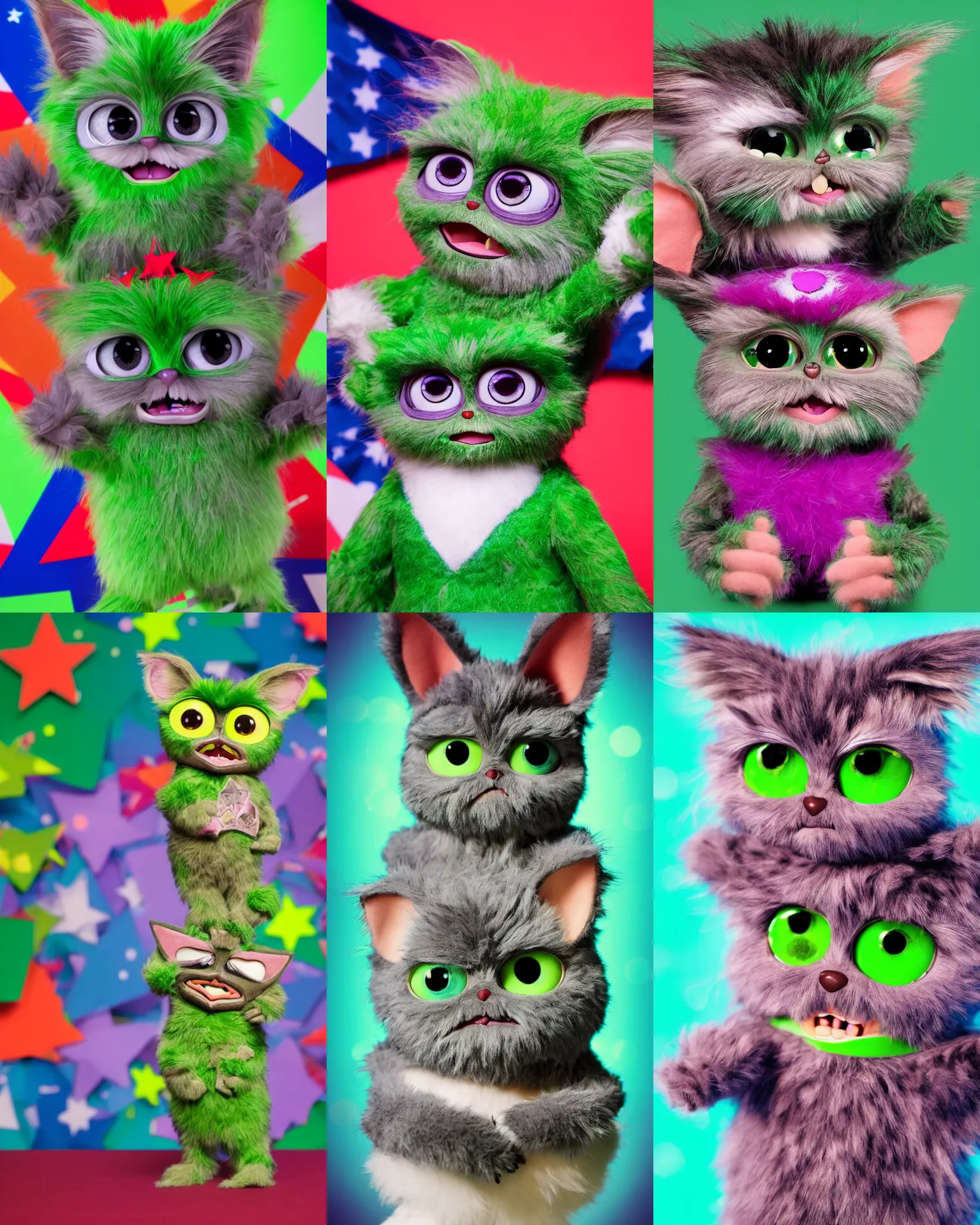 Prompt: Long shot full body portrait of adorable Furby Cat Gremlin mascot wearing kawaii star spangled cartoon shorts in front of green screen backdrop, hyperreal lifelike facial features, uncanny valley, 8k