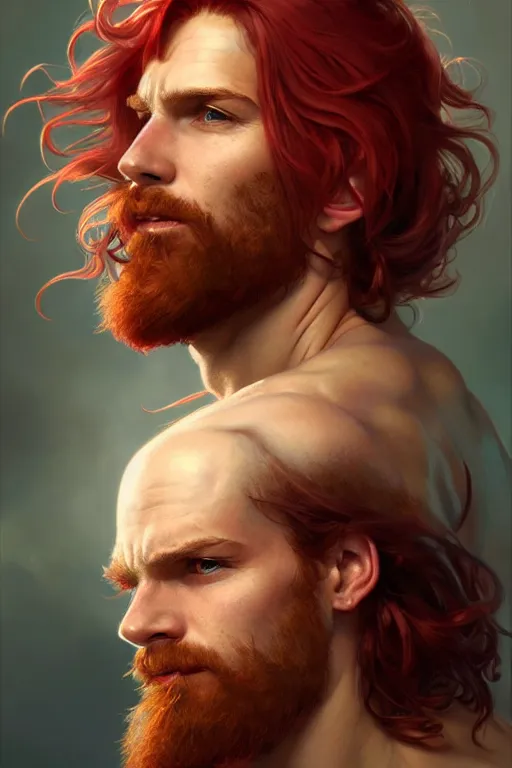 Image similar to portrait of a young ruggedly handsome but joyful pirate, male, masculine, full body, red hair, long hair, fantasy, intricate, elegant, highly detailed, digital painting, artstation, concept art, matte, sharp focus, illustration, art by artgerm and greg rutkowski and alphonse mucha