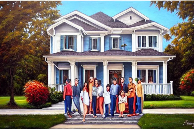 Prompt: painting of a famaly photo in front of the house, fine details, magali villeneuve, artgerm, rutkowski