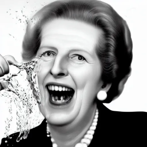 Prompt: Margaret Thatcher laughing with milk splashed on face, photorealistic, cinematic
