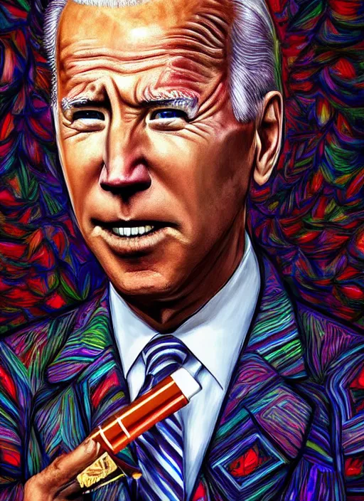 Image similar to a symmetrical photorealistic hyper detailed psychedelic portrait of Joe Biden smoking DMT out of a meth pipe in the style of alex grey