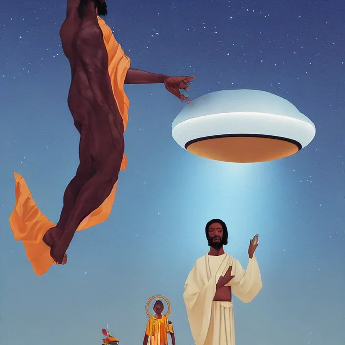 Image similar to UFO hovering over an African Jesus , painting by Hsiao-Ron Cheng,