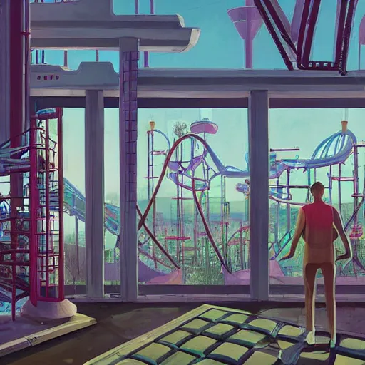 Prompt: a man standing in a futuristic penthouse apartment looking out onto an endless horror amusement park, artwork by simon stalenhag