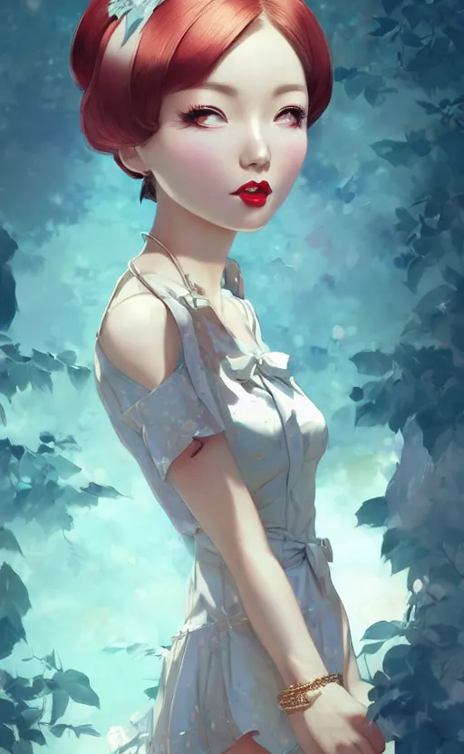 Image similar to a pin up and beautiful fashion and charming and dreamlke japan girl with lv jewelry, character art, art by artgerm lau and kyoung hwan kim and and ilya kuvshinov and john singer sargent, hyperdetailed, 8 k realistic, symmetrical, frostbite 3 engine, cryengine, dof, trending on artstation, digital art