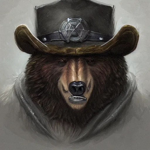 Image similar to dashing charming grinning charismatic bear beast-man rogue, wearing captain's tricorne hat, naval background, amazing, lifelike award winning pencil illustration trending on art station artgerm Greg rutkowski cinematic