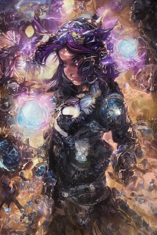 Image similar to Path of Exile, Maven, blue eyes female image with silver purple hair among colourful lights, dark blue spheres fly around, Anachronism, painting, dark fantasy, steampunk, 4k