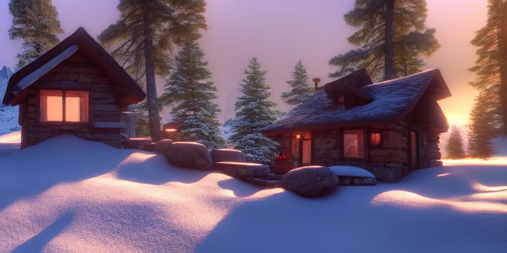 Image similar to a cozy little house in the woods, snowy mountains in the background relaxing, 3 d concept art by phillip urlich, chill, relaxing, peaceful, sunset, extremely detailed art, unreal engine 5, hyper realism