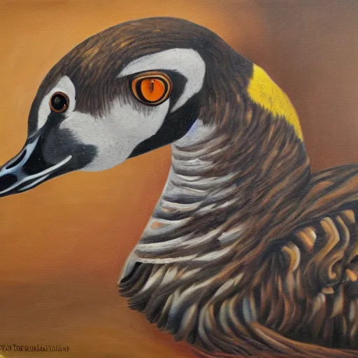 Image similar to oil painting of a goose with dozens of eyes all over its body