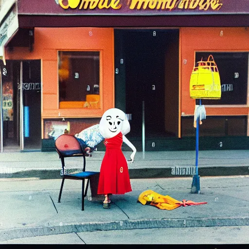 Prompt: 1976 color archival photo of a woman and a puppet that looks like Caspar the Friendly Ghost, in a sidewalk cafe, 16mm film soft color, earth tones and some primary colors 1976, archival footage, in style of doris wishman russ meyer, woman looks like gilda radner