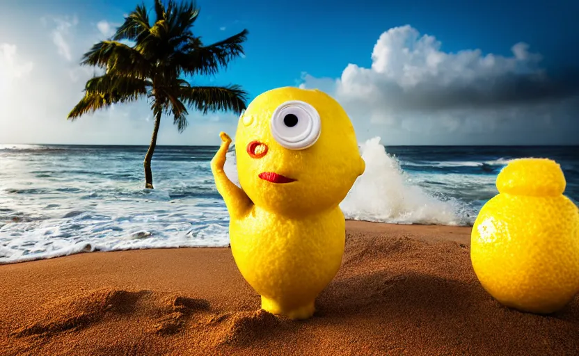 Image similar to 5 0 mm photograph, of a real anthropomorphic lemon character, with lemon skin texture, it is wearing a hat and scuba diving, building a sandcastle on the beach at sunset, beach, huge waves, sun, clouds, tropical trees, rim light, cinematic photography, professional, sand, sandcastle, volumetric lightening