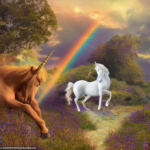 Image similar to dream : a fabulous landscape, a magical unicorn. a boy is sitting astride him. a cat is lying