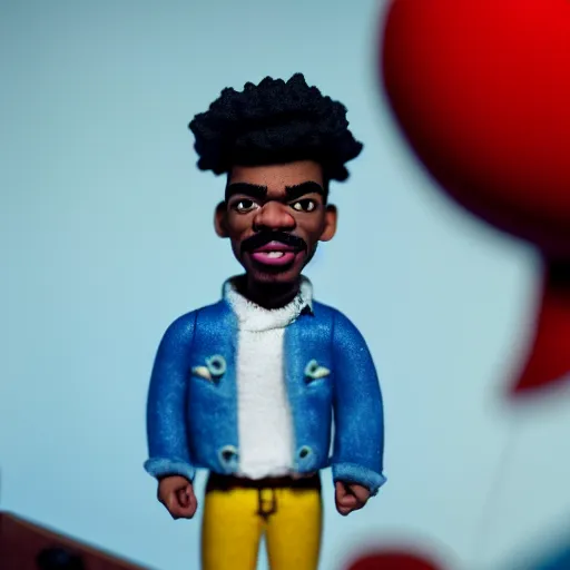 Image similar to a cinematic film still of a claymation stop motion film starring chance the rapper as a college student, shallow depth of field, 8 0 mm, f 1. 8