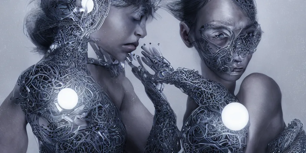 Image similar to hyper realistic photography of a beautiful cyborg androgynous humanoid, holding close, holding sphere, affectionately, intricate filigree, in the style of beth cavener, jin kagetsu, wlop, highly detailed, symmetry, masterpiece, concept art, ringflash, highkey lighting, ambient lighting, octane render, 8 k, artstation