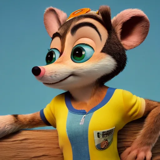 Image similar to 3 d render, portrait, headshot, closeup, anthropomorphic mouse, female, wearing denim short shorts and a off yellow tank top, in the style of zootopia, closeup