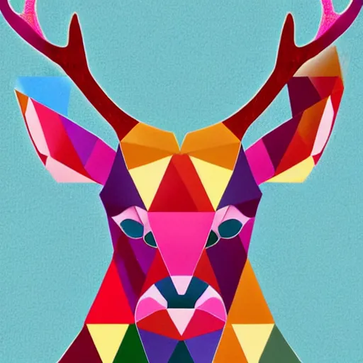 Prompt: A glorious stag in colorful triangles in the style of Bauhaus