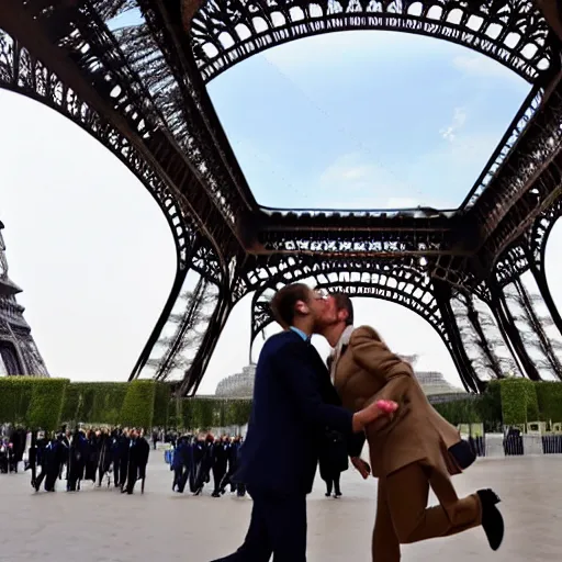 Prompt: marine le pen and Emmanuel macron kissing under the eiffel tower