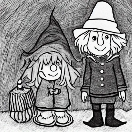 Image similar to digital art, moomin trolls, snufkin as elf