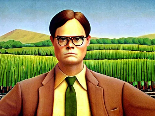 Image similar to grant wood mural of dwight schrute on his beet farm. dwight is wearing a yellow shirt and a brown striped tie