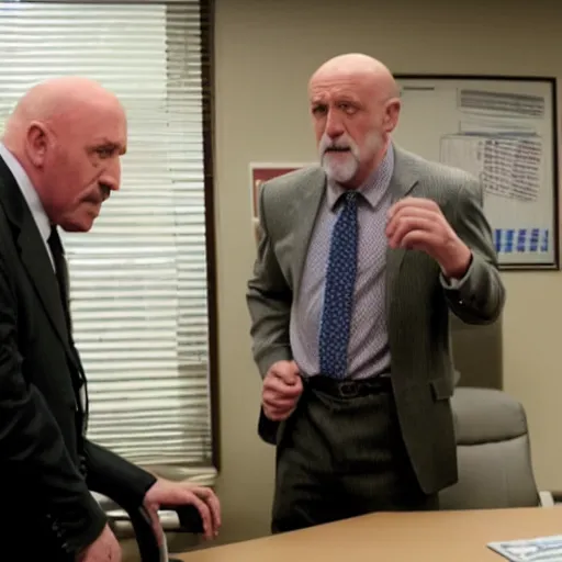 Prompt: Mike Ehrmantraut use leg shaker in Saul Goodman office