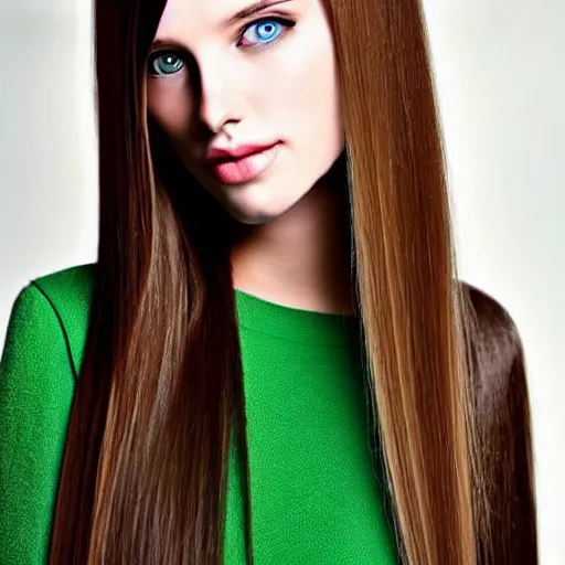 Image similar to add long straight hair to photo, very pretty model, heart shaped face, green eyes