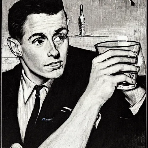 Image similar to a portrait of a man in the 1 9 6 0 s drinking alone in a bar late at night, black and white monochrome, by norman rockwell