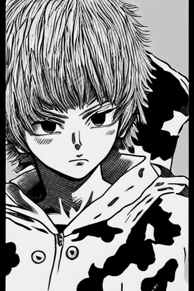 Prompt: attractive salvage little boy in cat suit, black and white artwork made by kentaro miura and yoshihiro togashi and ilya kuvshinov