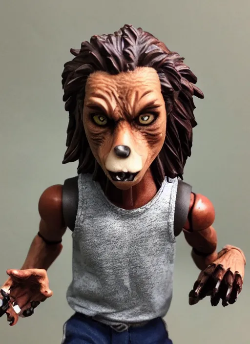 Image similar to teenage werewolf, action figure of teenage werewolf figurine, realistic face, detailed product photo