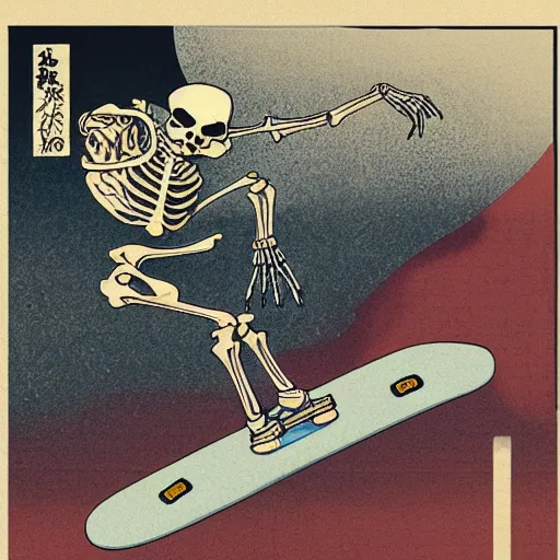 Image similar to A skeleton rides a skateboard, ukiyo-e, highly detailed, trending on artstation, 8k,