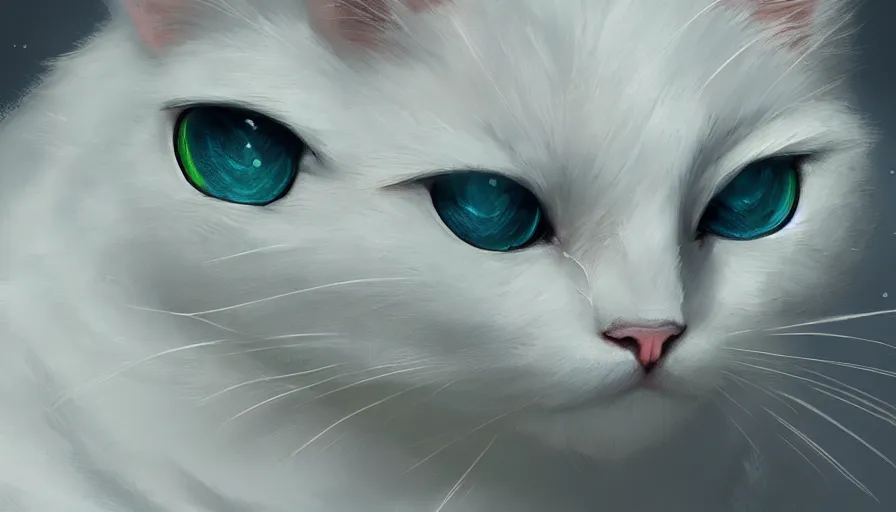 Prompt: hand painted white cat with green eyes, snow, hyperdetailed, artstation, cgsociety, 8 k