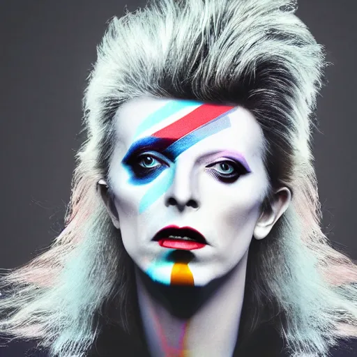 Prompt: headshot of david bowie's face morphed into lady gaga's face, androgynous ziggy stardust, bokeh