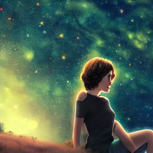 Image similar to an hd photo of a young woman with short brown hair and green eyes, beautiful trees in the background, night sky with stars and galaxies, trending on artstation