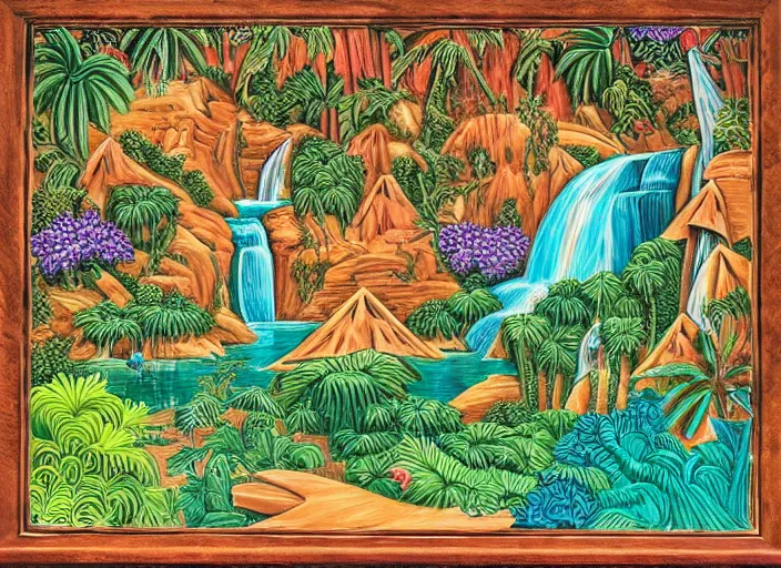 Image similar to colorized stylized bas relief sculpture of a tropical paradise with a waterfall and a detailed ornate frame in mexico folk art style