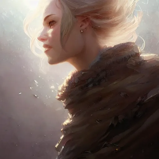 Image similar to a portrait of a beautiful hopeful lady with pretty eyes, beautiful eyes, looking up onto the sky, light smiling, art of wlop and greg rutkowski, intricate, high details, epic fantasy art, bright light masterpiece, ray of light through white hair