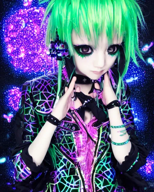 Prompt: a hologram of decora styled yotsuba koiwai wearing a gothic spiked jacket, holography, irridescent, baroque visual kei decora art