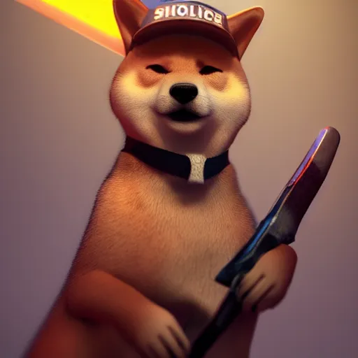 Image similar to shiba inu holding a baseball bat, wearing a police uniform character design, highly detailed digital art, atmosphere, glow, lens flare, cinematic lightning, hyperrealistic, focused, extreme details, 4 k, ultra detailed, trending on artstation, masterpiece, digital art.