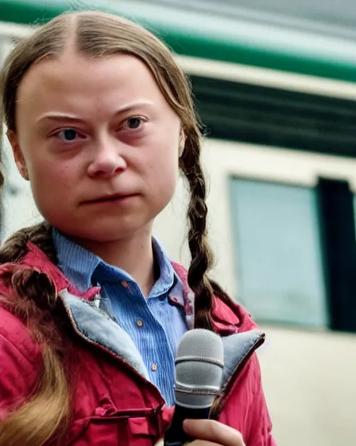 Image similar to film still close - up shot of greta thunberg giving a speech in a train station from the movie brokeback mountain. photographic, photography