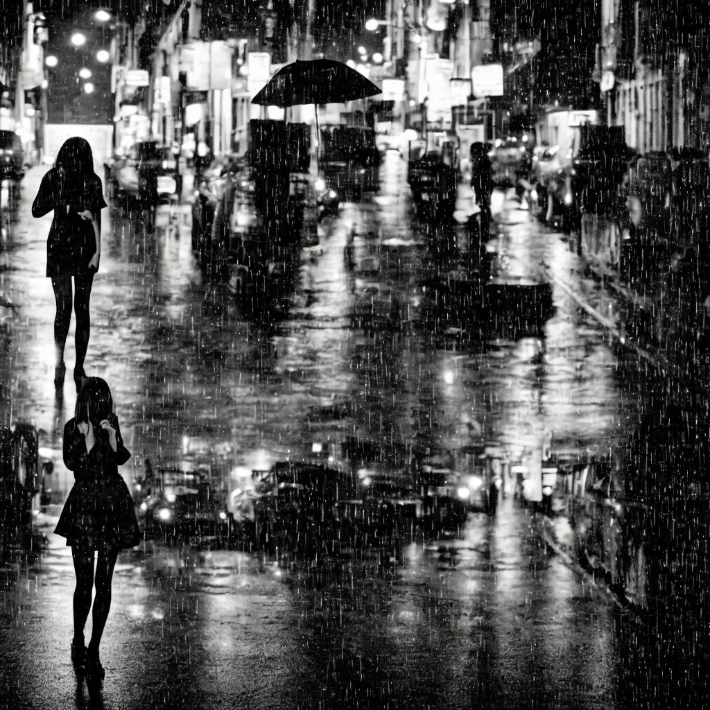 Image similar to night flash portrait photography of a high school girl in uniform on the lower east side by annie leibovitz, colorful, nighttime!, raining!