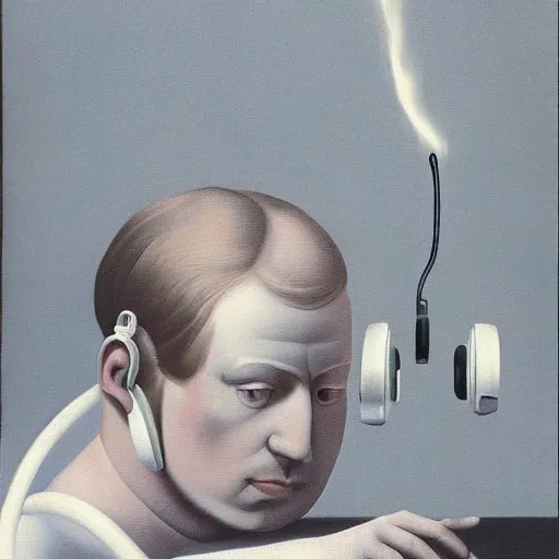 Image similar to a demon listening to headphones by Raphael, Hopper, and Rene Magritte. detailed, romantic, enchanting, trending on artstation.