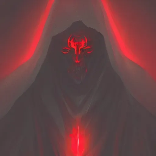 Image similar to dark lord looking into the camera, red glowing eyes, wearing black robe, white background, artstation