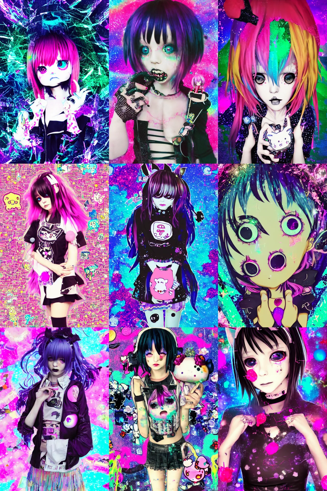 Prompt: photo of a emo manic pixie dream girl, 8k, portrait | sanrio glitchcore yokai girl, shadowverse character concept, found footage horror, glitter gif | d anime decora gyaru kawaii fashion model, v tuber, darling in the frank,asuka, anime best girl, with glitch and scribble effects, psychedelic colors, 3d render octane, by wlop, wenjr, beeple, artstation,imaginefx