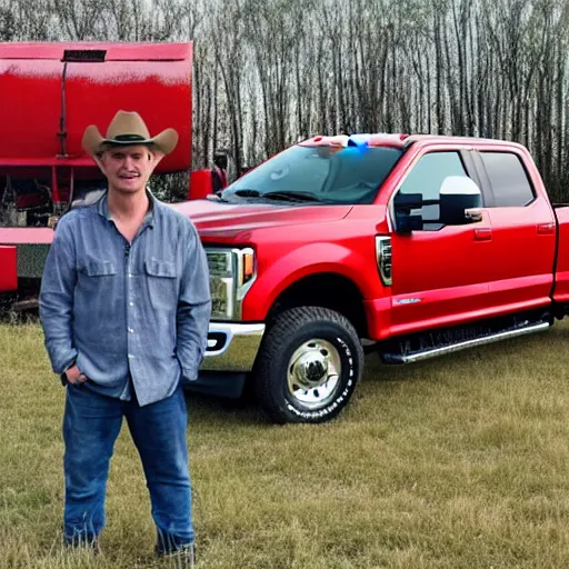 Prompt: A photograph of a man standing next to a red Ford F-250 super duty pickup truck (2018) in a farm field, photo taken in 2018