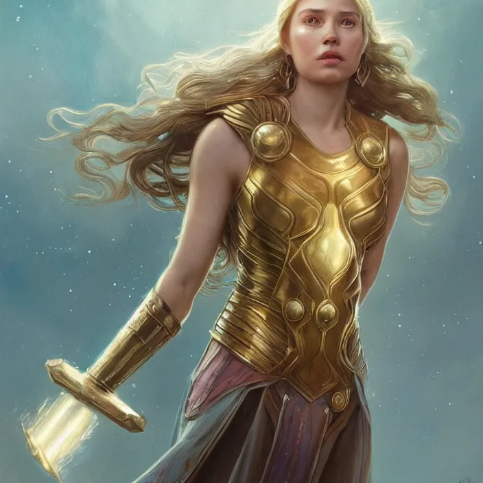 Image similar to beautiful female thor with sparkling eyes, summoning stormbreaker, highly detailed, gold filigree, fantasy, soft cinematic lighting, award, disney concept art, watercolor illustration by mandy jurgens and alphonse mucha and alena aenami, pastel color palette, featured on artstation