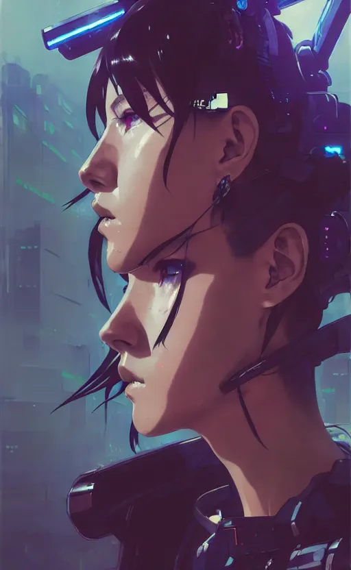 Image similar to cyberpunk anime girl mech, cyberpunk accessory, side view, 3 / 4 shot, street night, beautiful face, grafity, arcane, detail, good face, pose model, concept art, in style of yoji shinkawa, pan ren wei, col price, atey ghailan, by greg rutkowski, aesthetic, digital painting, 3 d, non crop