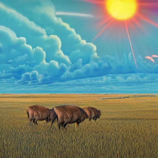 Image similar to a herd of bisons running in the prairie. epic sunset. a lone cowboy is riding on his horse following them. masterpiece. accidentally tripping on dmt and acid, psychedelic experience, overwhelming psychosis of self realization and burning awakening, ultra high definition, unreal engine 5, hyperrealism, masterpiece composition, by casey weldon, barclay shaw 8 k photorealistic