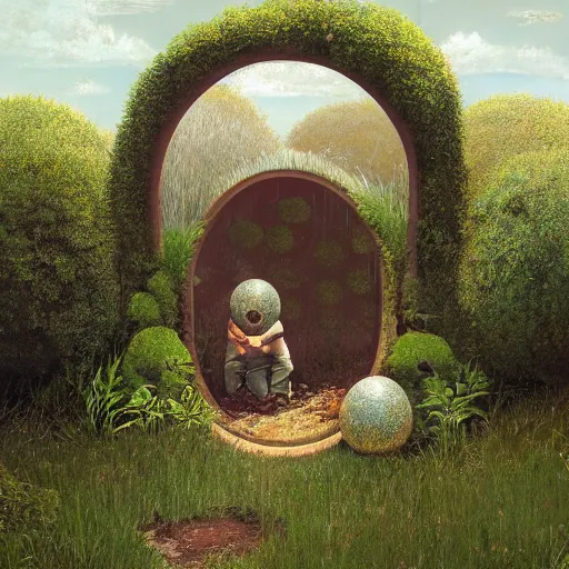 Prompt: a portal in a mysterious garden filled with spherical plants, artwork by Scott Listfield, trending on art station