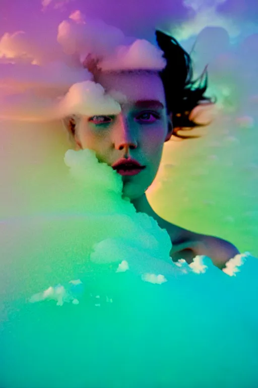 Image similar to high quality pastel coloured film close up wide angle photograph of a model wearing clothing swimming on cloud furniture in a icelandic black rock!! environment in a partially haze filled dreamstate world. three point light, rainbow. photographic production. art directed. pastel colours. volumetric clouds. pastel gradient overlay. waves glitch artefacts. extreme facial clarity. 8 k. filmic.