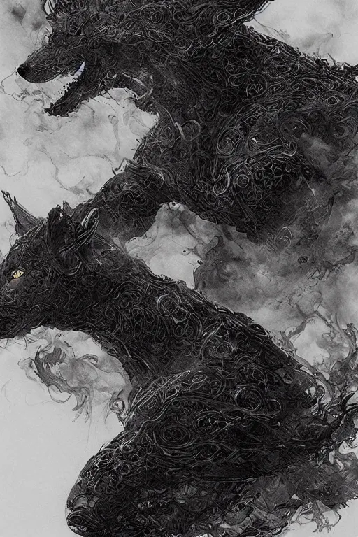 Image similar to portrait of a void fox in black suit surrounded by smoke fumes,, pen and ink, intricate line drawings, by craig mullins, ruan jia, kentaro miura, greg rutkowski